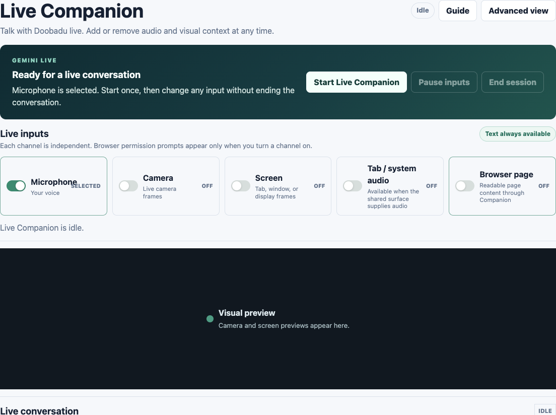 Doobadu Live Companion controls for microphone, camera, screen, tab audio and browser context
